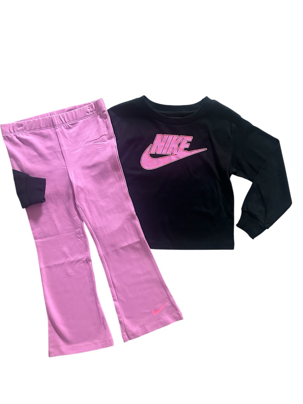 Nike 2 Piece Set Long Sleeve Logo T-Shirt & Pink Flare Pants Girls Size 6X NWT
